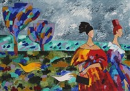 Damer och f&aring;glar, 2002, olja, 150x200 